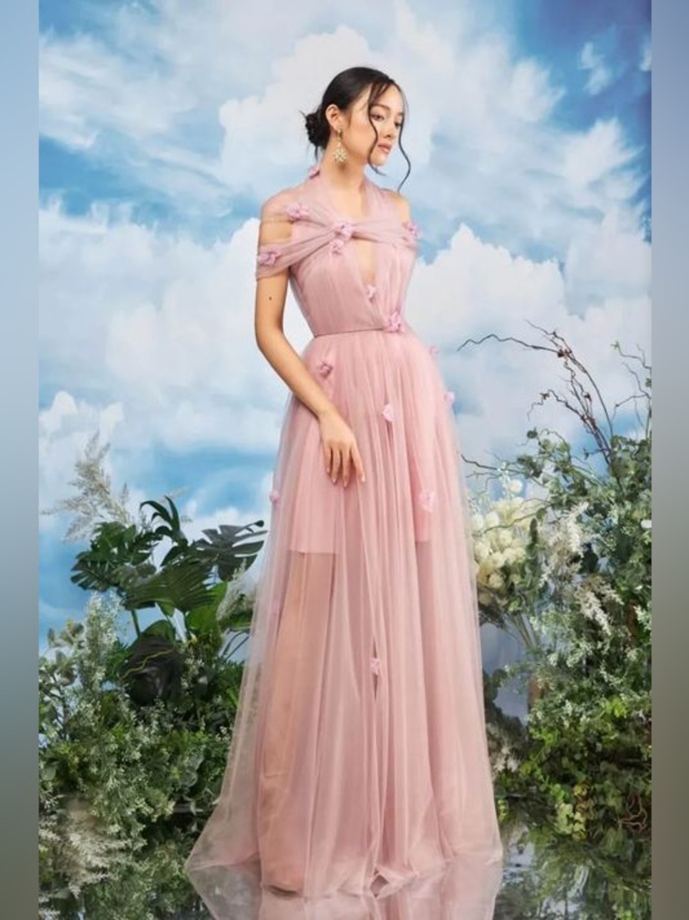 Romantic Blush Pink Maxi Tulle Dress with Floral Details